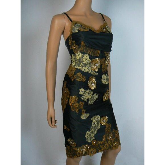 $250 Shireen Black Satin Gold Floral Lace Applique Sheath Dress S 4 6 NEW S412 - Picture 4 of 8